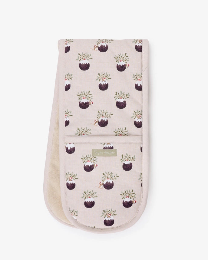 A cream-colored oven mitt with a repeated Christmas pudding pattern, on a white background