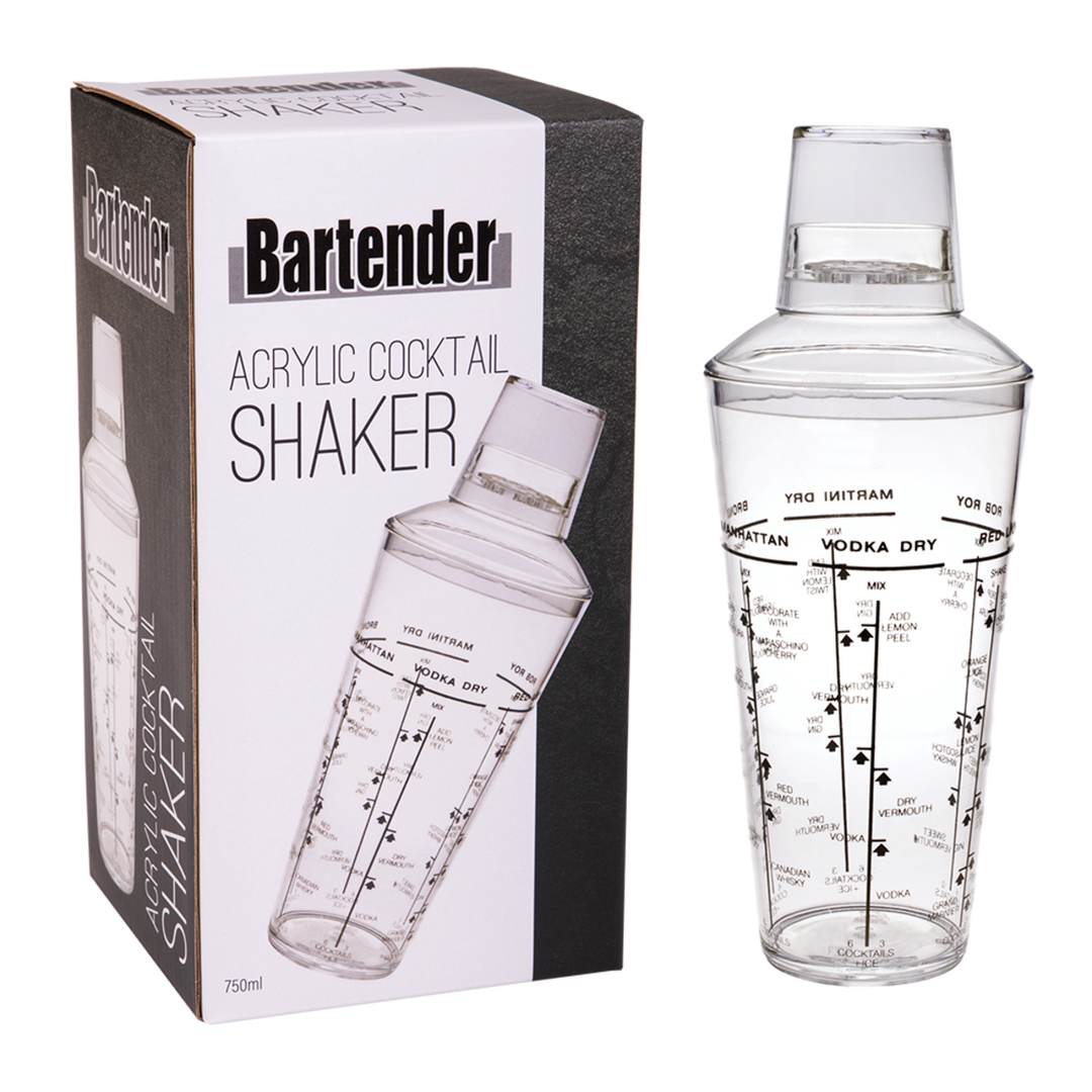 Clear acrylic cocktail shaker with measurement markings next to its packaging box labeled &