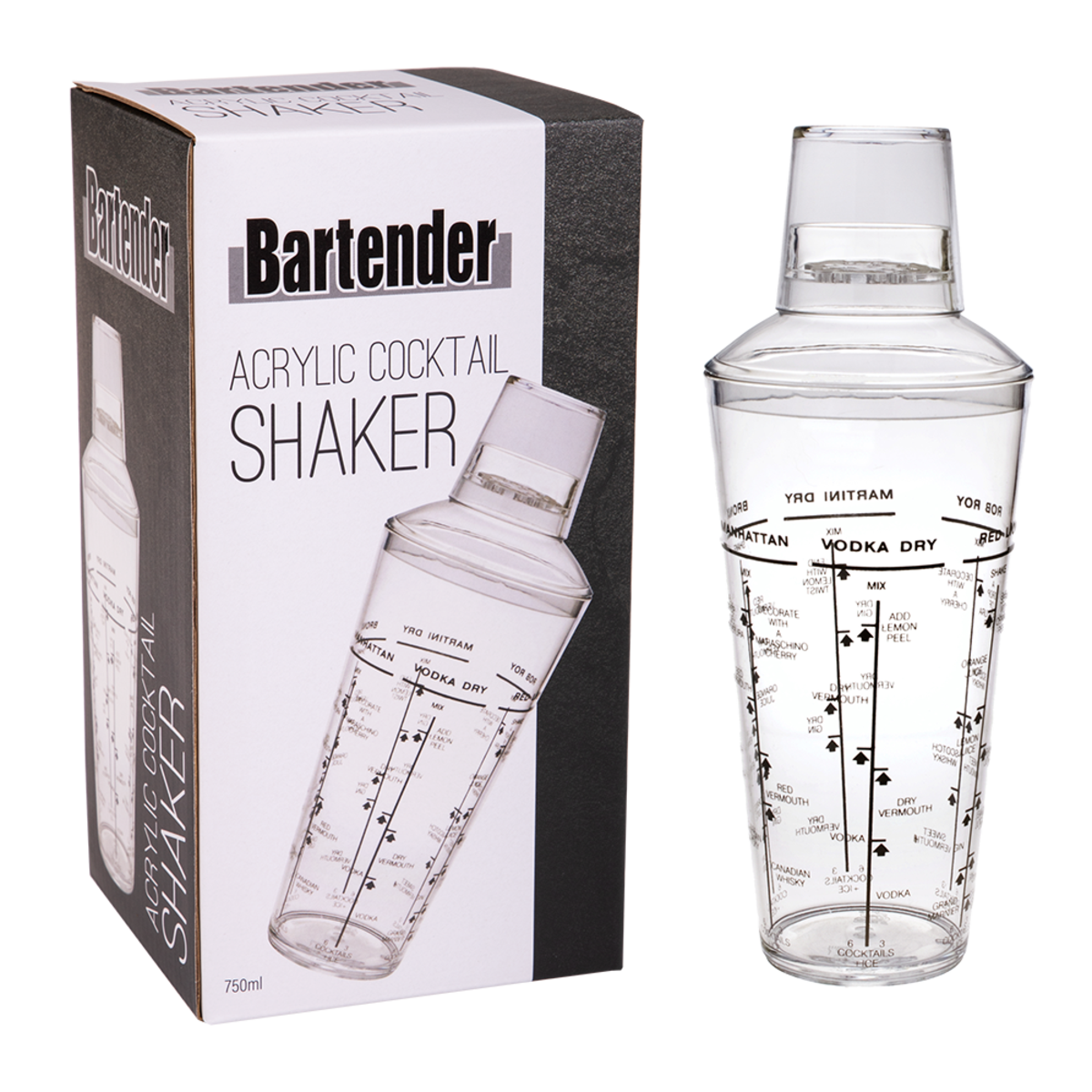 Clear acrylic cocktail shaker with measurement markings next to its packaging box labeled 'Bartender'.