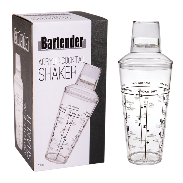 Clear acrylic cocktail shaker with measurement markings next to its packaging box labeled &