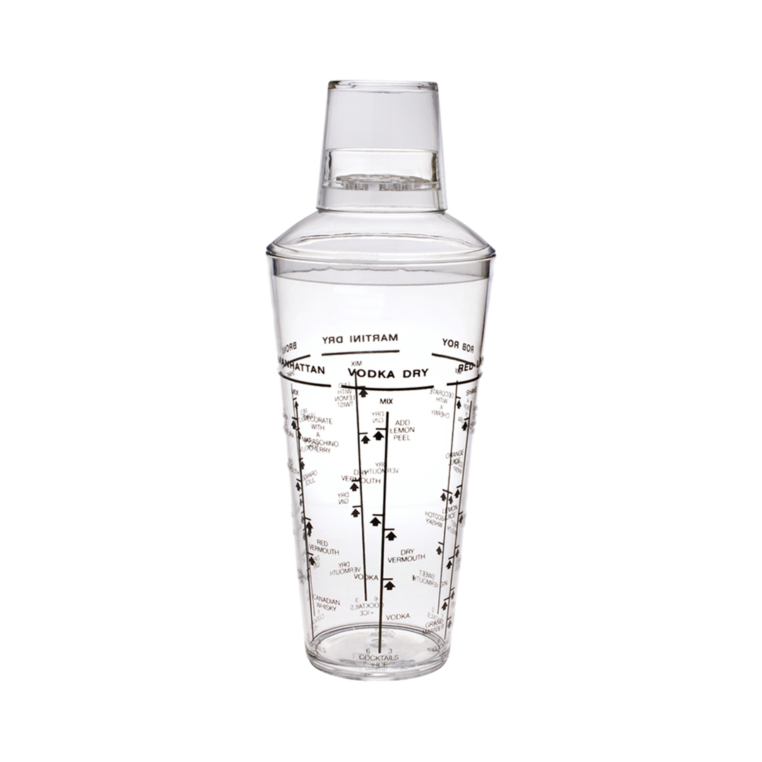 Clear cocktail shaker with measurement markings on a white background