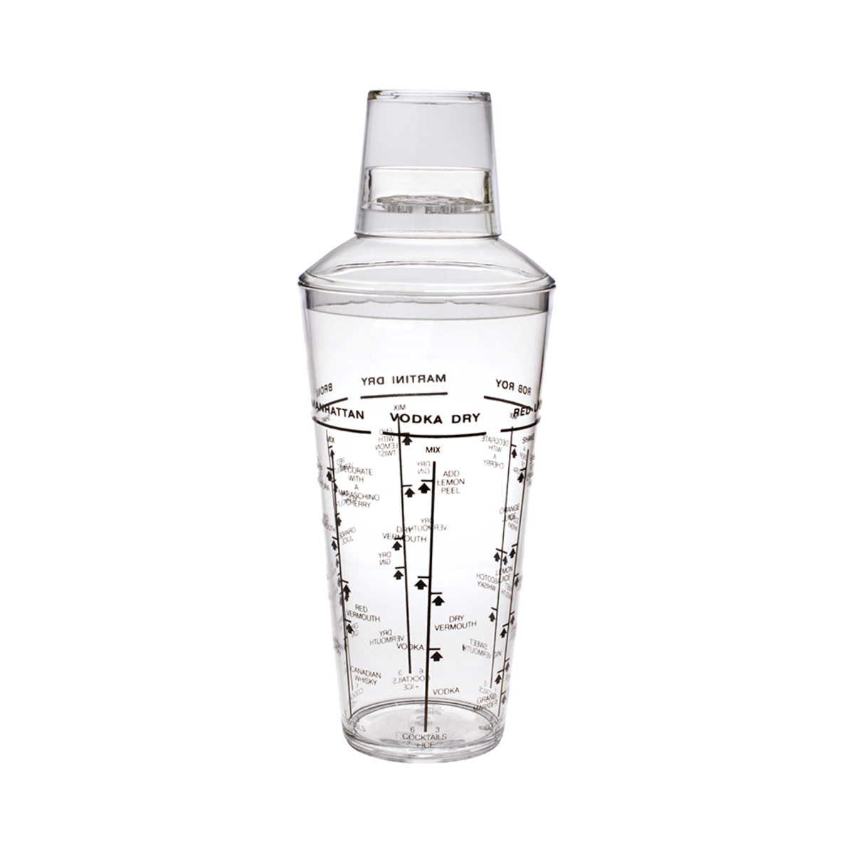 Clear cocktail shaker with measurement markings on a white background