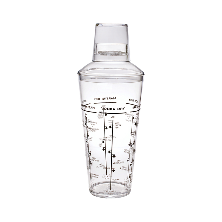 Clear cocktail shaker with measurement markings on a white background