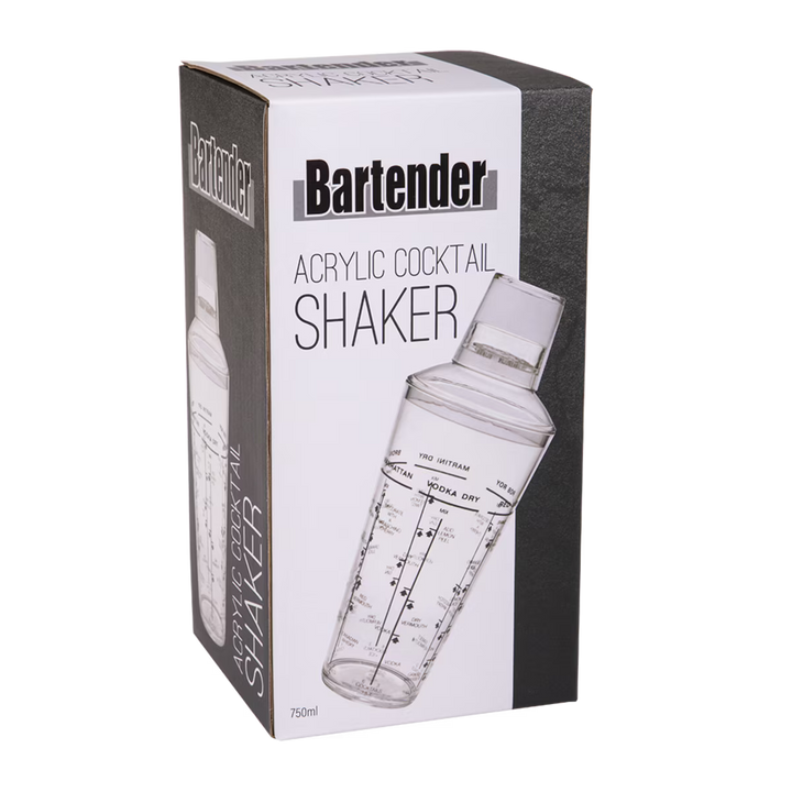 Bartender acrylic cocktail shaker packaging on a white background