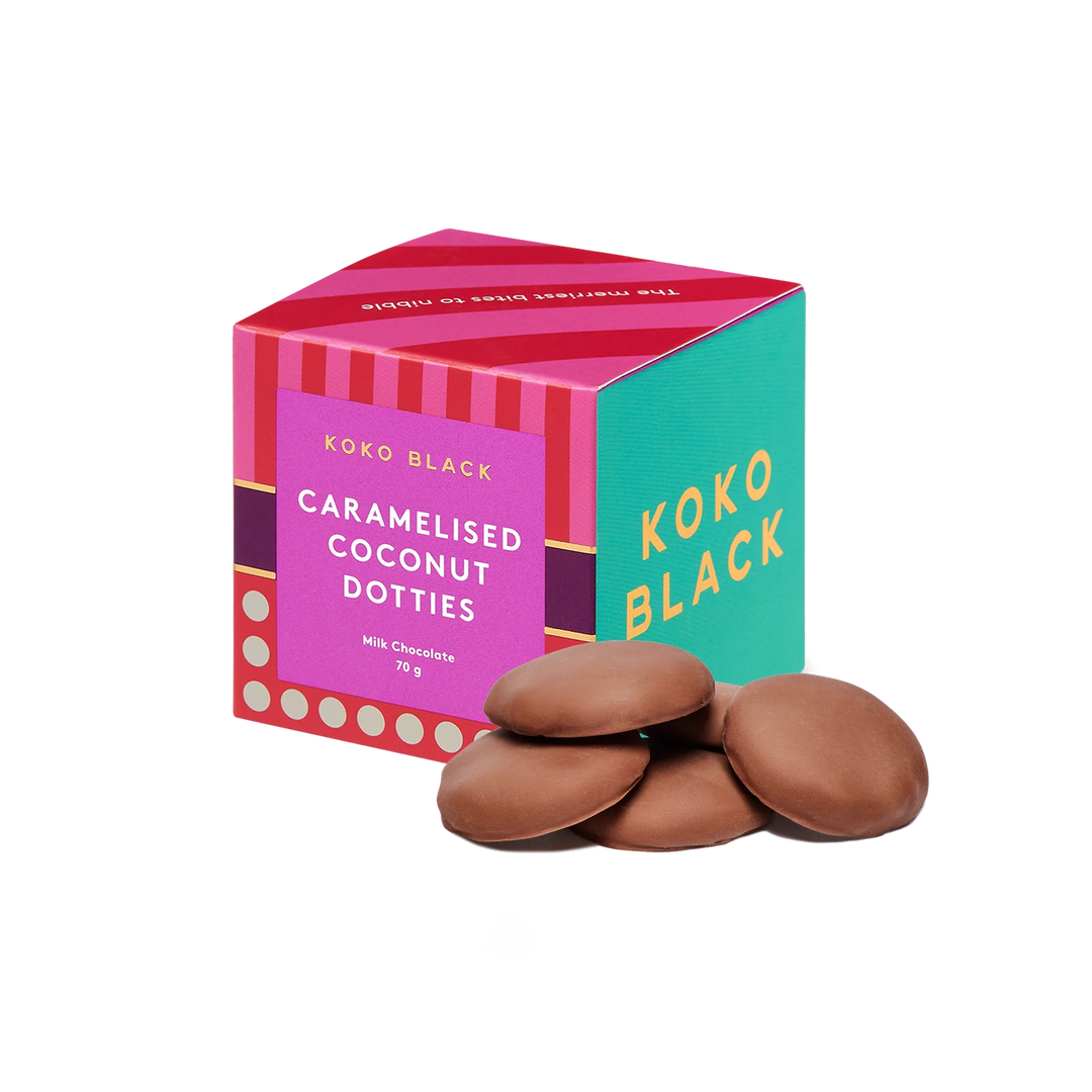 Koko Black Caramelised Coconut Dotties Cube 70gm