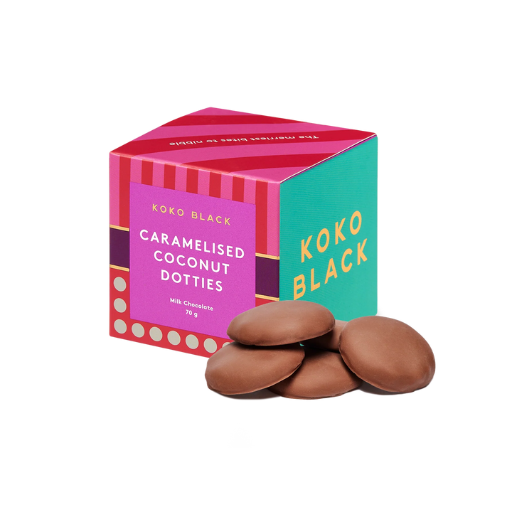 Koko Black Caramelised Coconut Dotties Cube 70gm