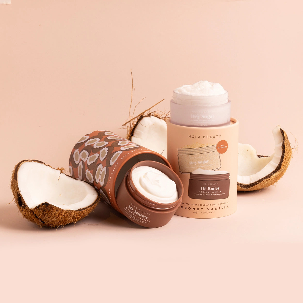 Coconut butter with a jar and container on a beige background