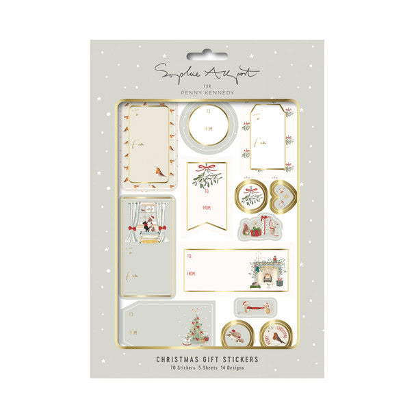 Christmas gift stickers in their original packaging by Penny Kennedy, featuring various decorative labels, tags, and stamps with festive illustrations.