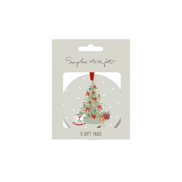 A package of 5 gift tags, featuring a circular illustration of a decorated Christmas tree with a red rocking horse and presents on a light gray background.