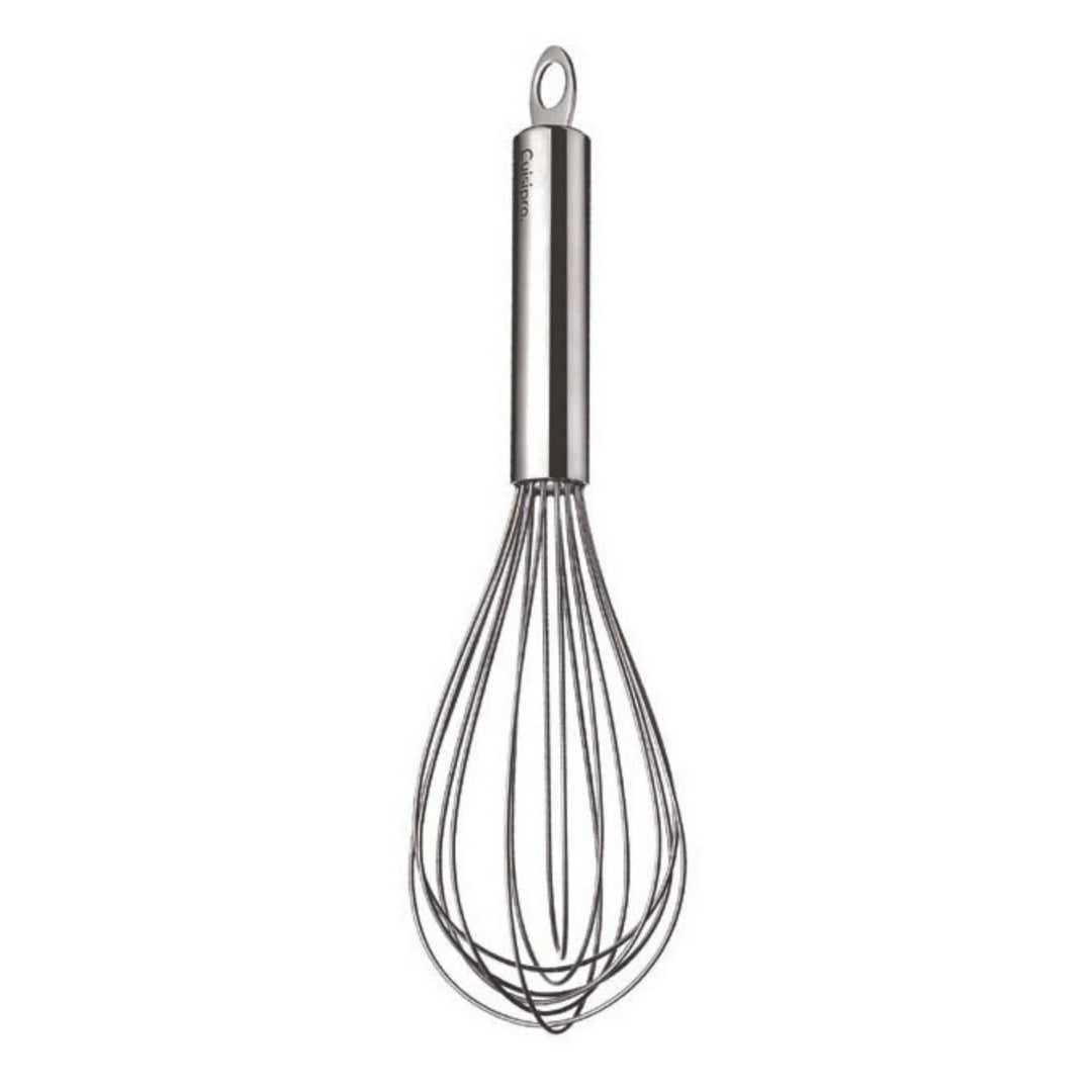 Stainless steel whisk on a white background