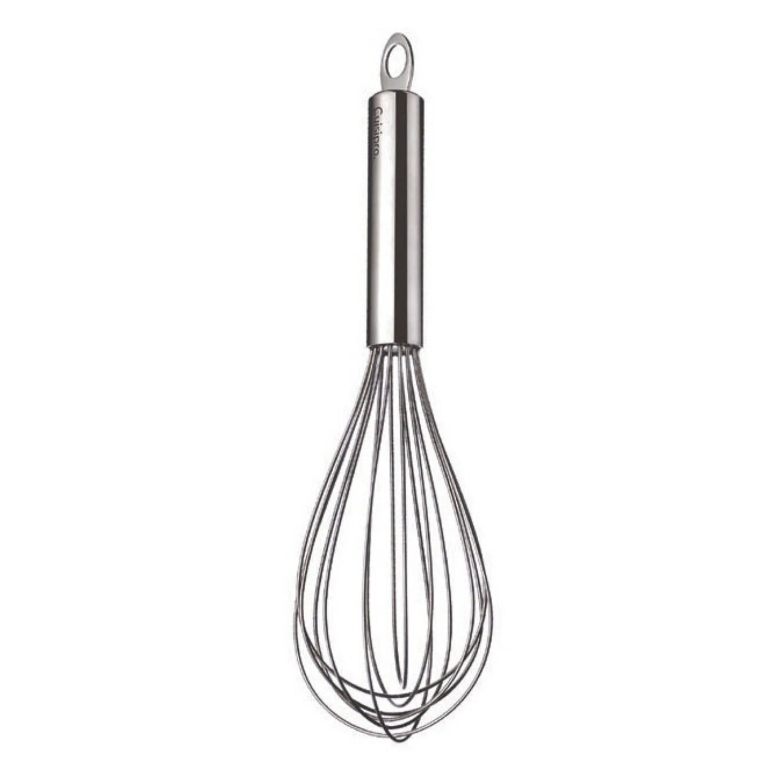 Stainless steel whisk on a white background