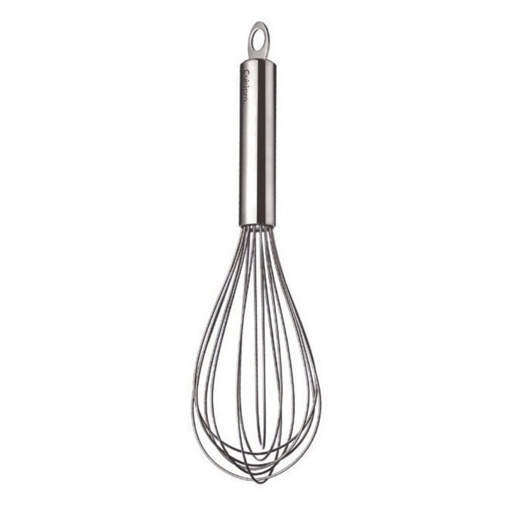 Stainless steel whisk on a white background