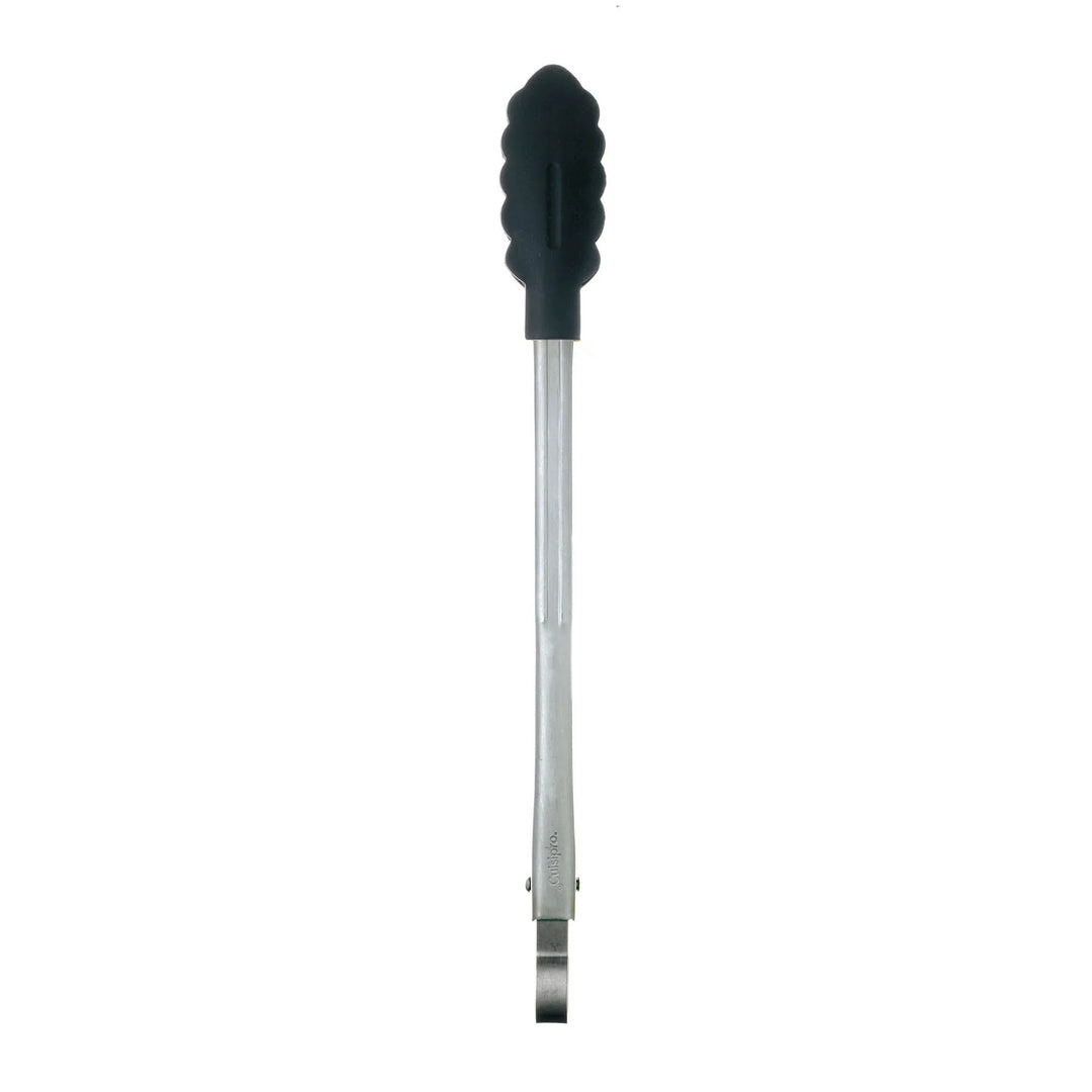 Black and silver tongs with a textured handle on a white background