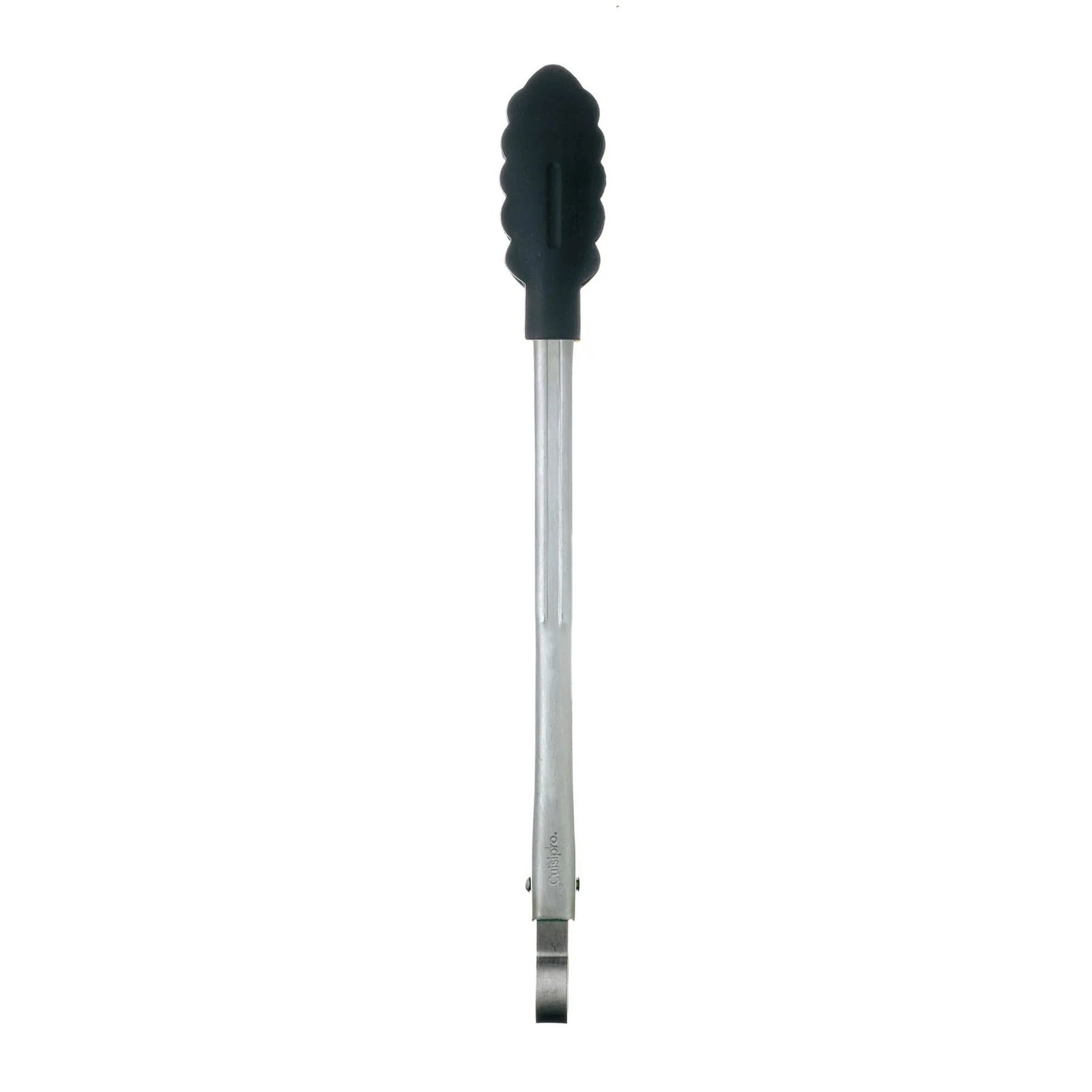 Black and silver tongs with a textured handle on a white background