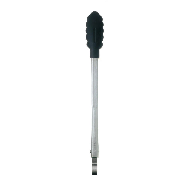 Black and silver tongs with a textured handle on a white background
