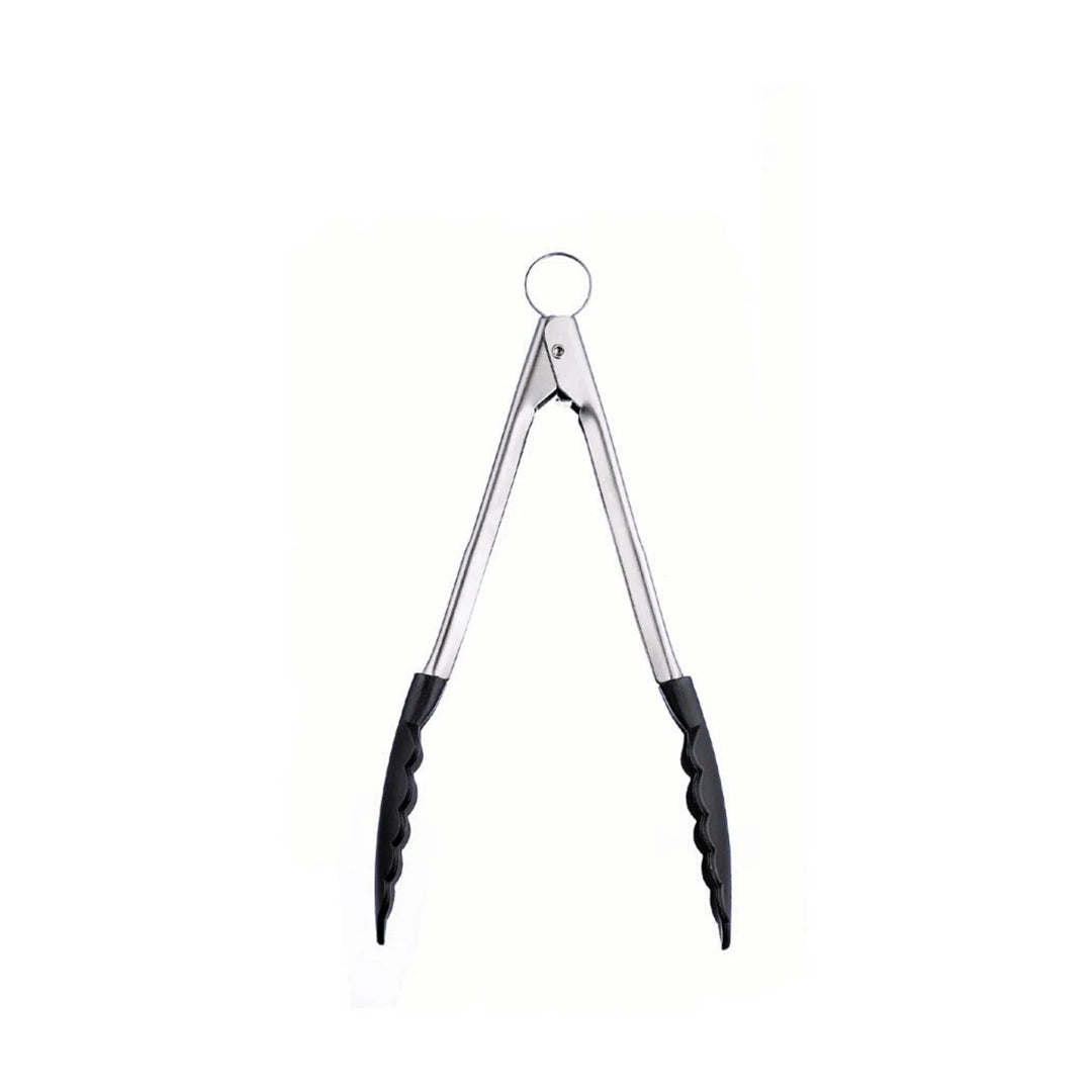 Metal tongs with black ends on a white background