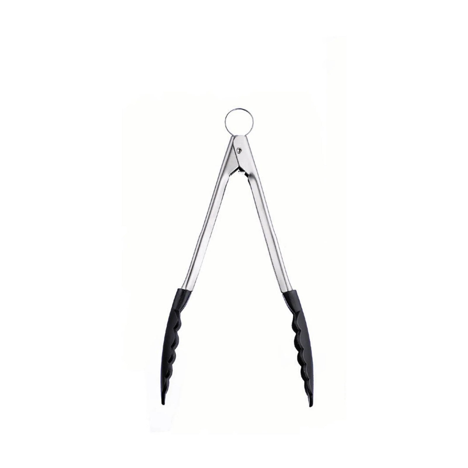 Metal tongs with black ends on a white background