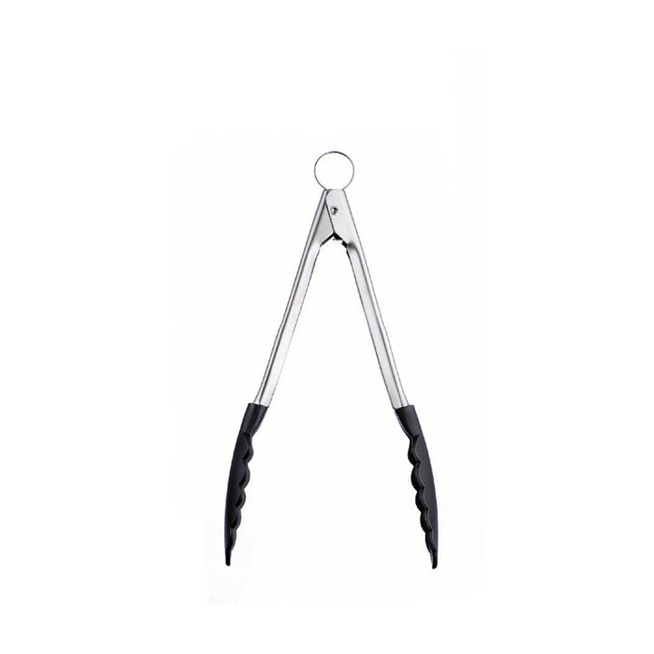Metal tongs with black ends on a white background