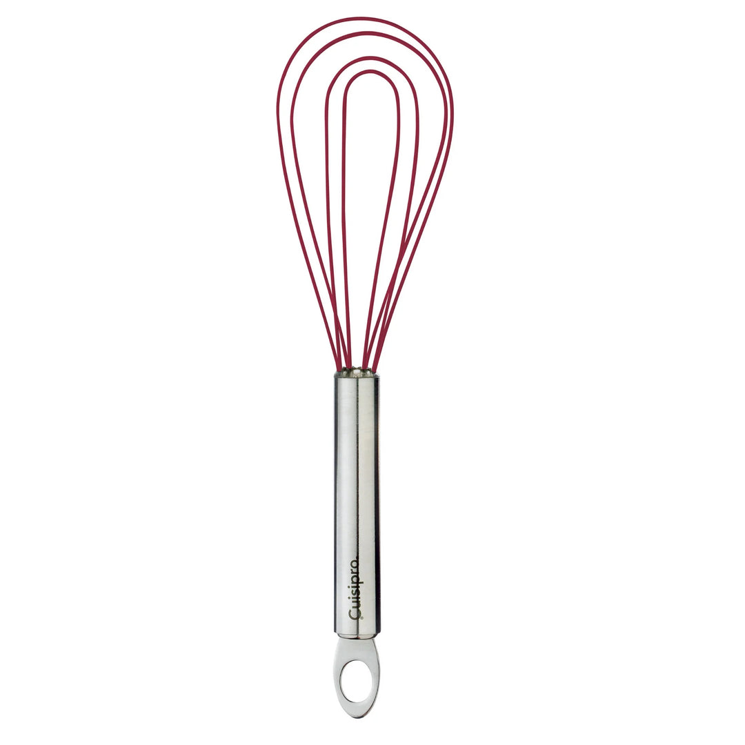 Whisk with red silicone wires on a white background
