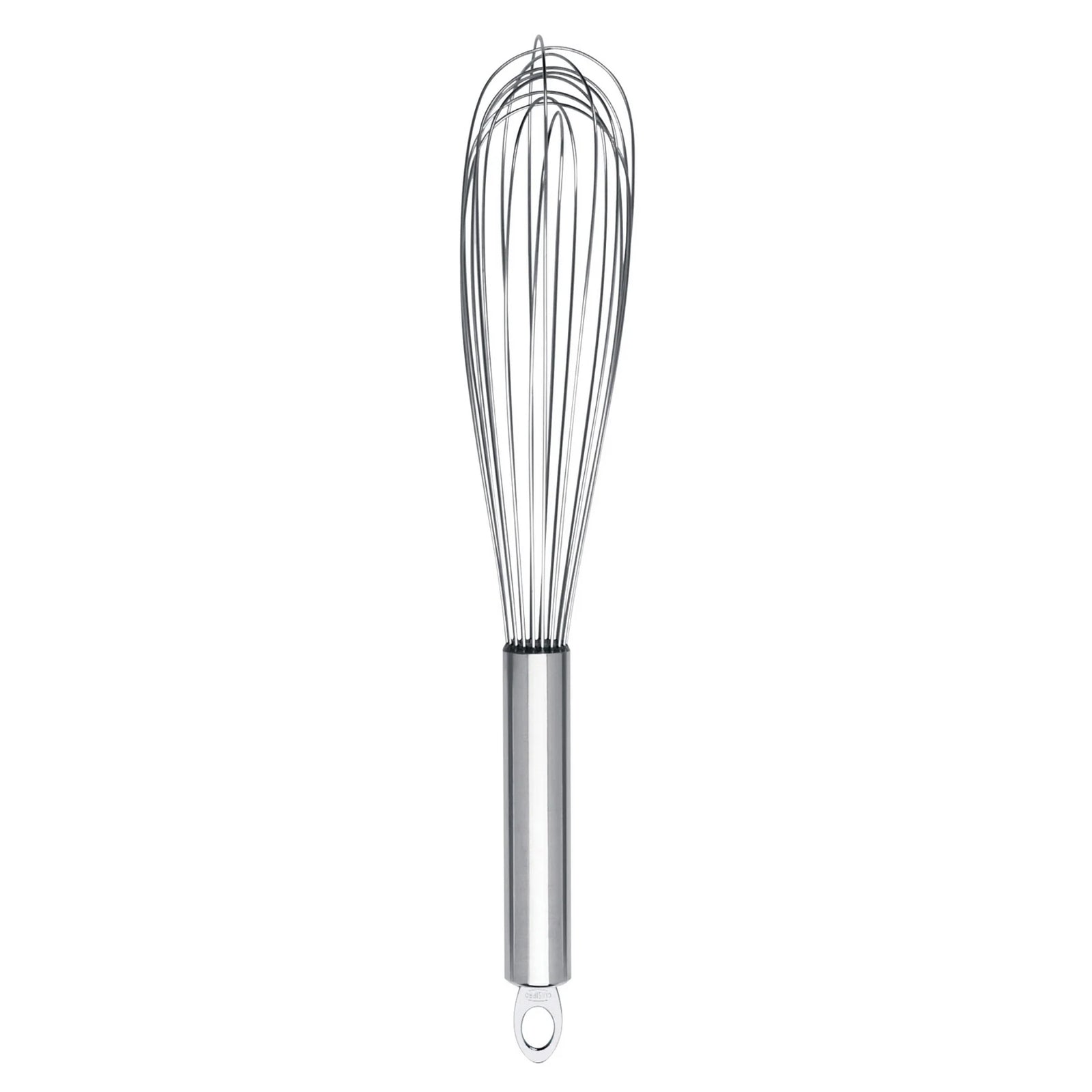 Stainless steel whisk on a white background