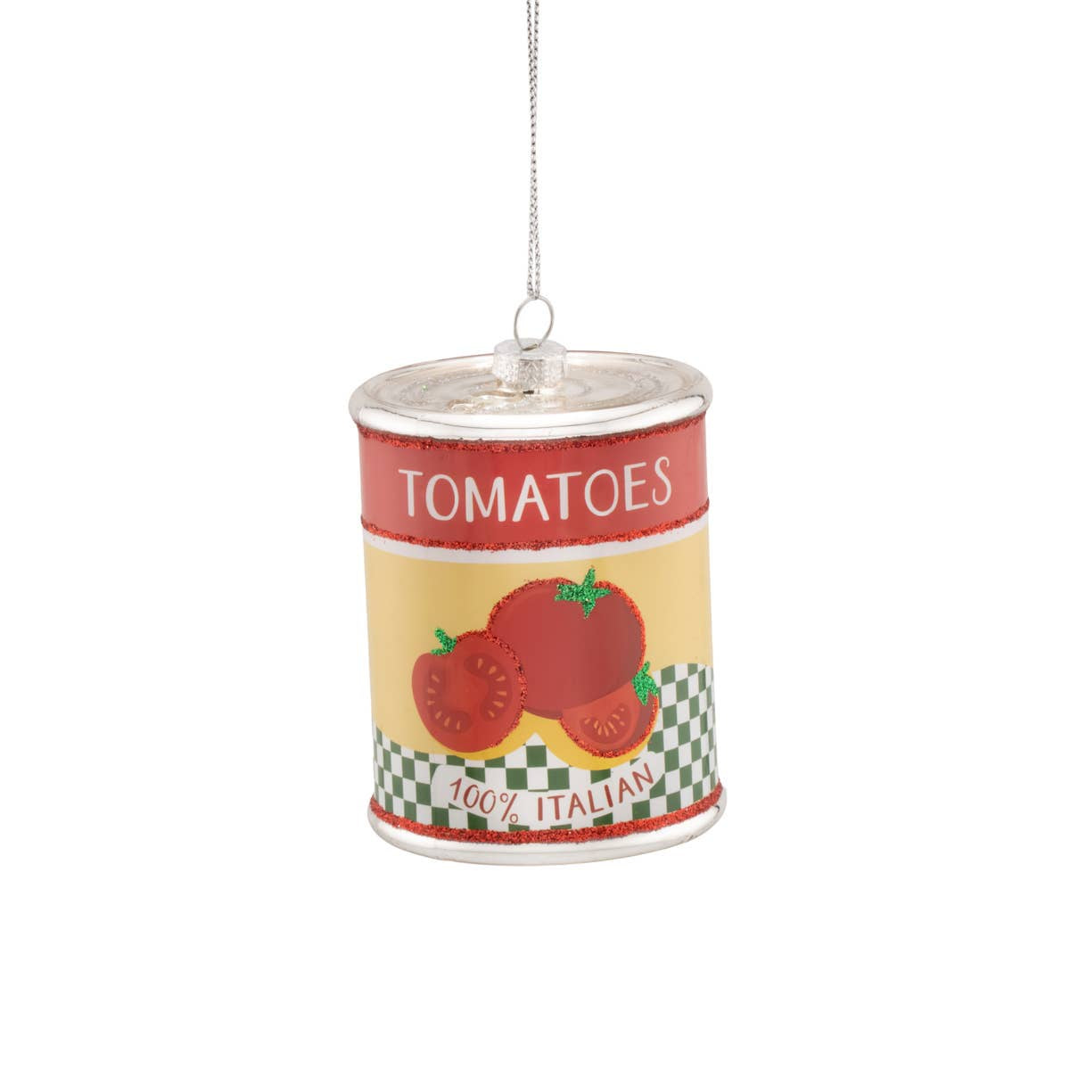 Decorative ornament shaped like a can of tomatoes on a white background