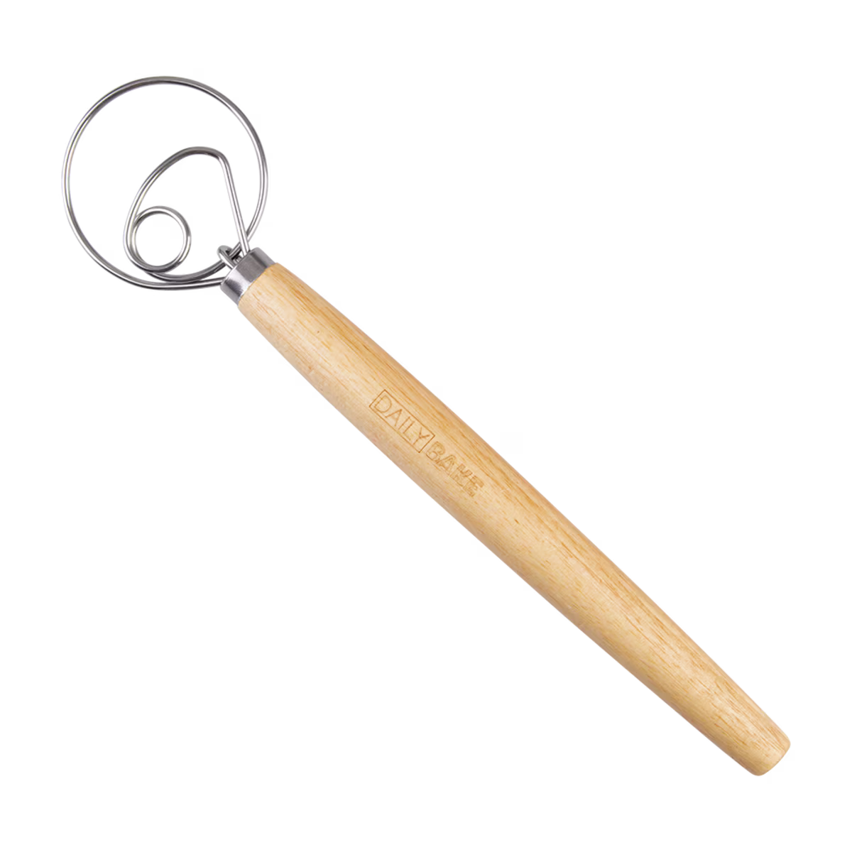 Wooden-handled metal whisk on a white background