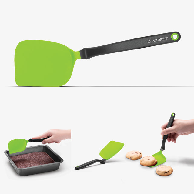 Green spatula with black handle on a white background, used for baking and serving.