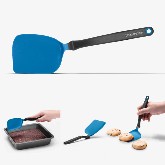 Blue spatula with black handle on a white background