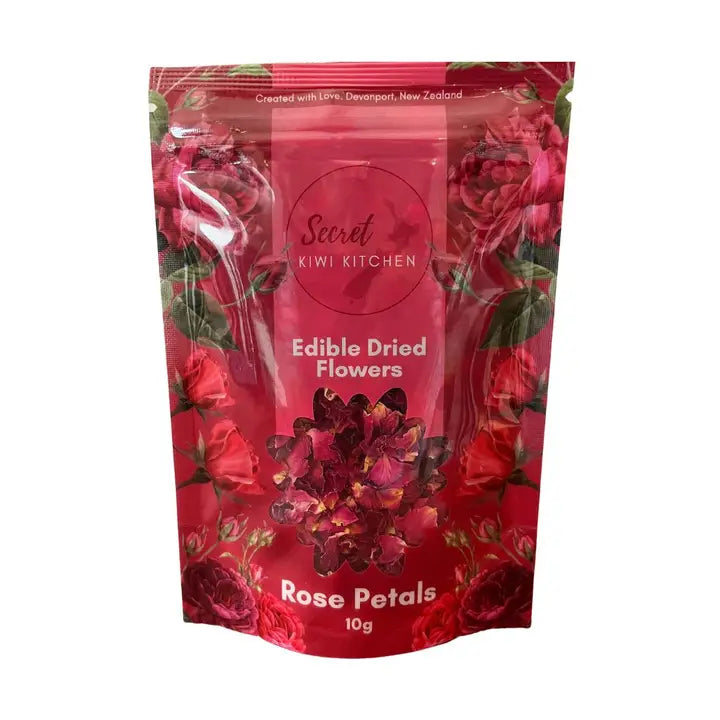Packaged rose petals from Secret Kiwi Kitchen on a white background