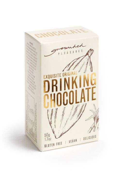 A box of grounded pleasures original drinking chocolate on a white background