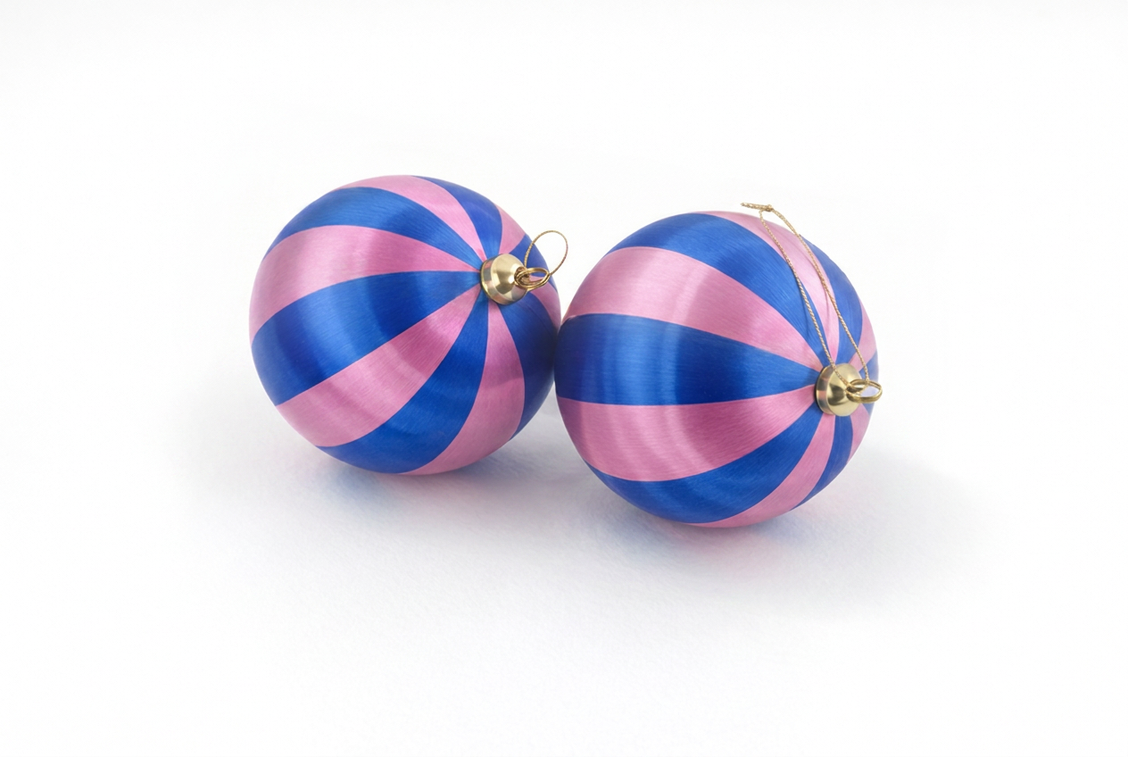 Two striped Christmas ornaments with alternating pink and blue bands, each topped with a small gold metal loop, shown on a clean white background.