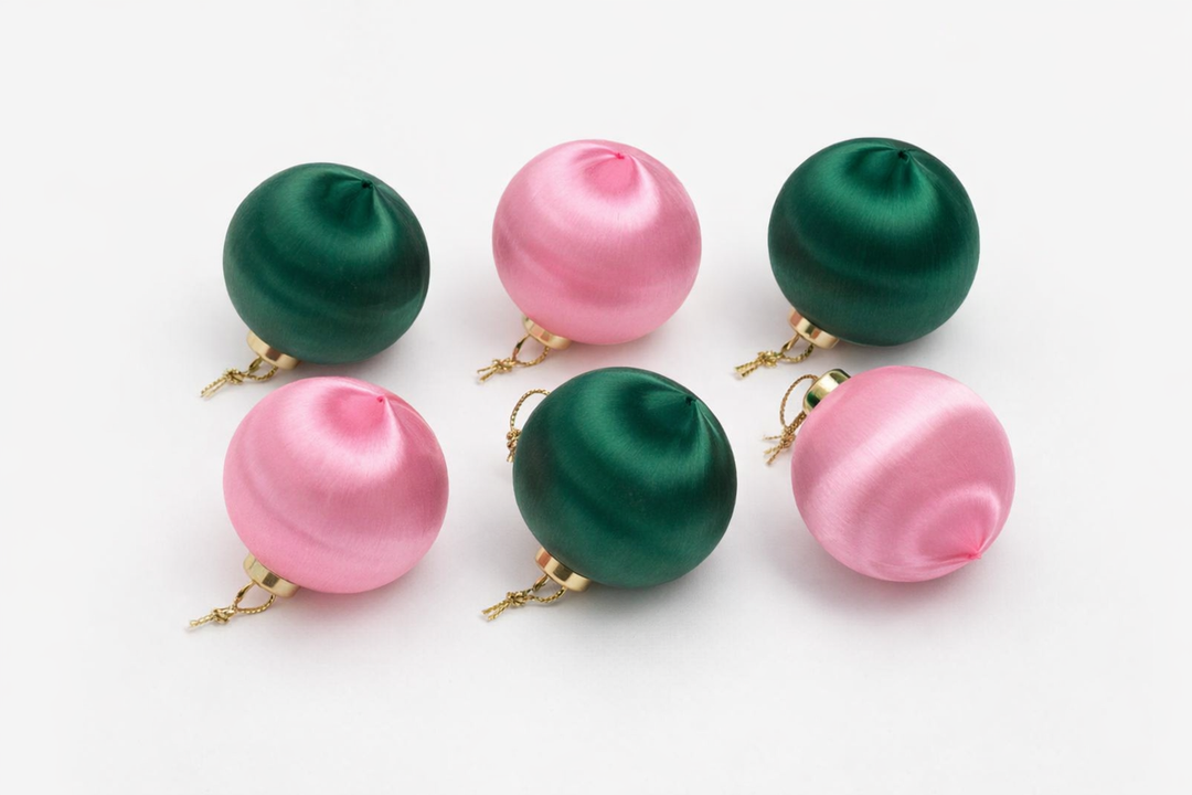 Six satin Christmas ornaments in dark green and light pink, each with a gold hanging loop, arranged on a clean white background.