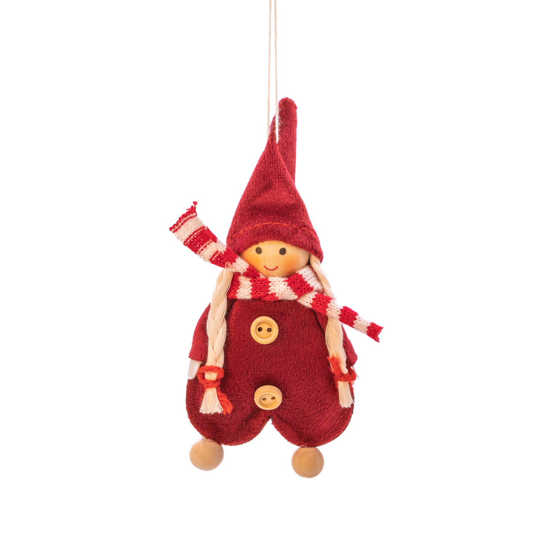 A hanging Christmas ornament shaped like a small gnome doll, made from red knit fabric with a red-and-white striped hat, scarf, and braided hair details, shown against a plain white background.