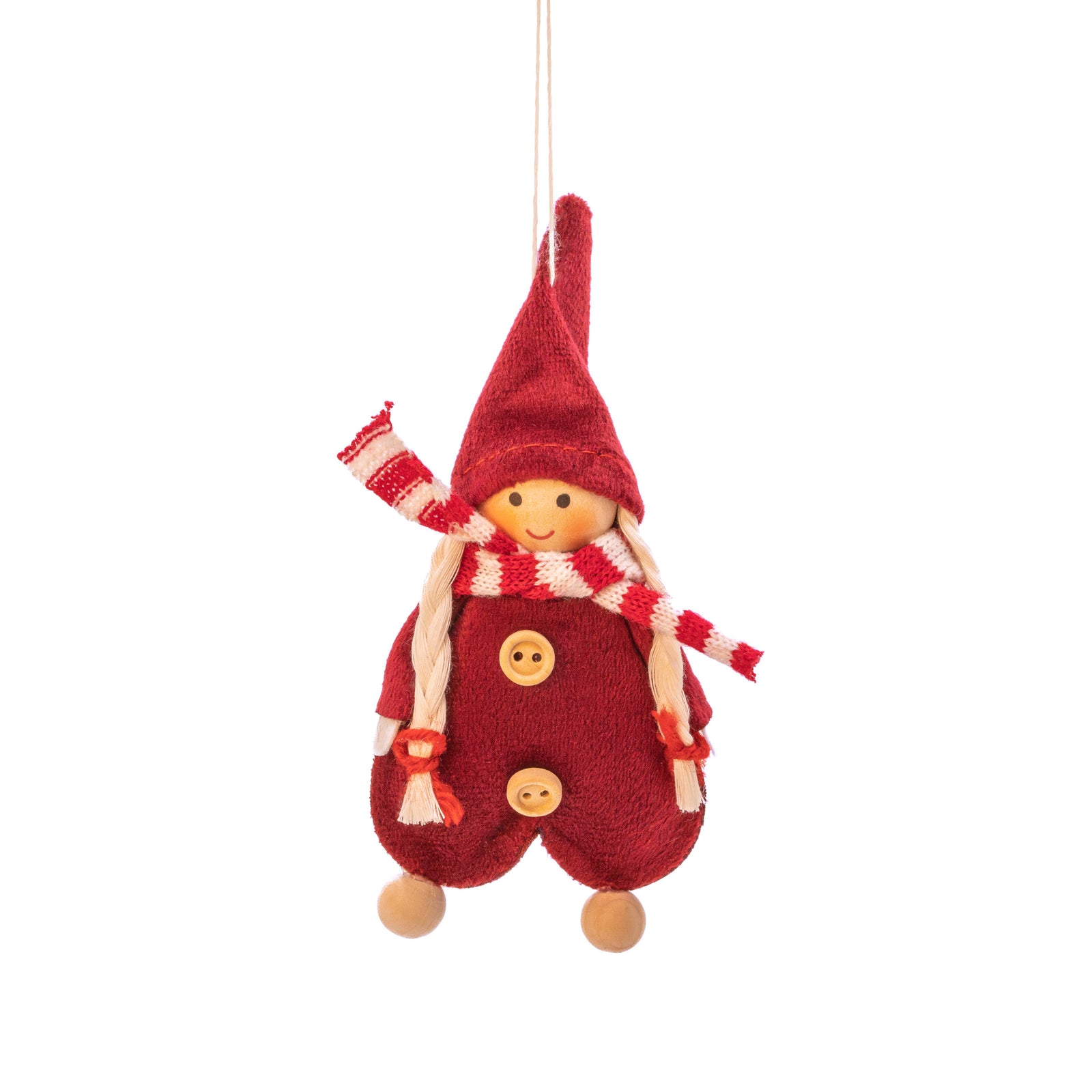A hanging Christmas ornament shaped like a small gnome doll, made from red knit fabric with a red-and-white striped hat, scarf, and braided hair details, shown against a plain white background.