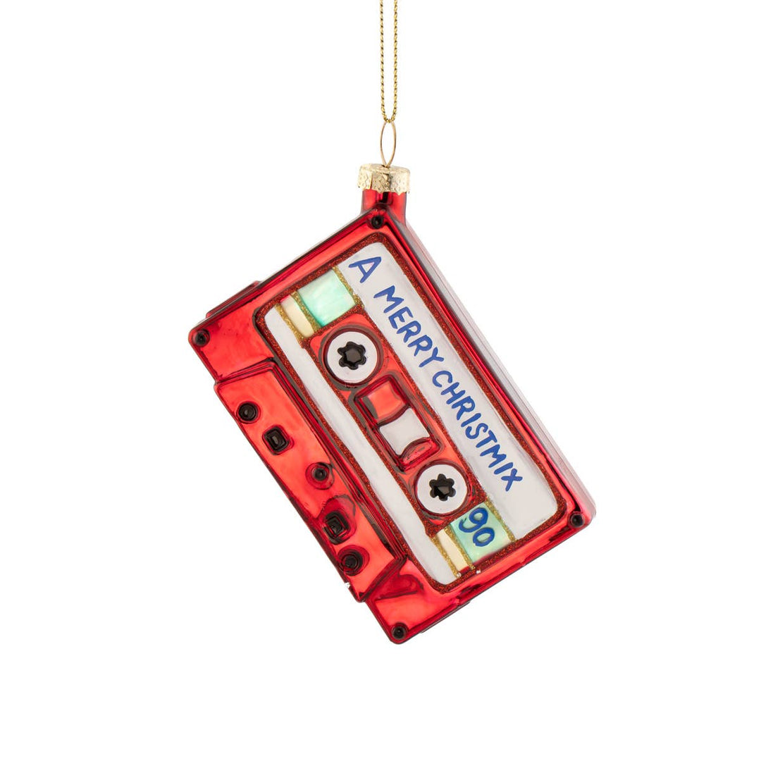 Red cassette tape ornament with &
