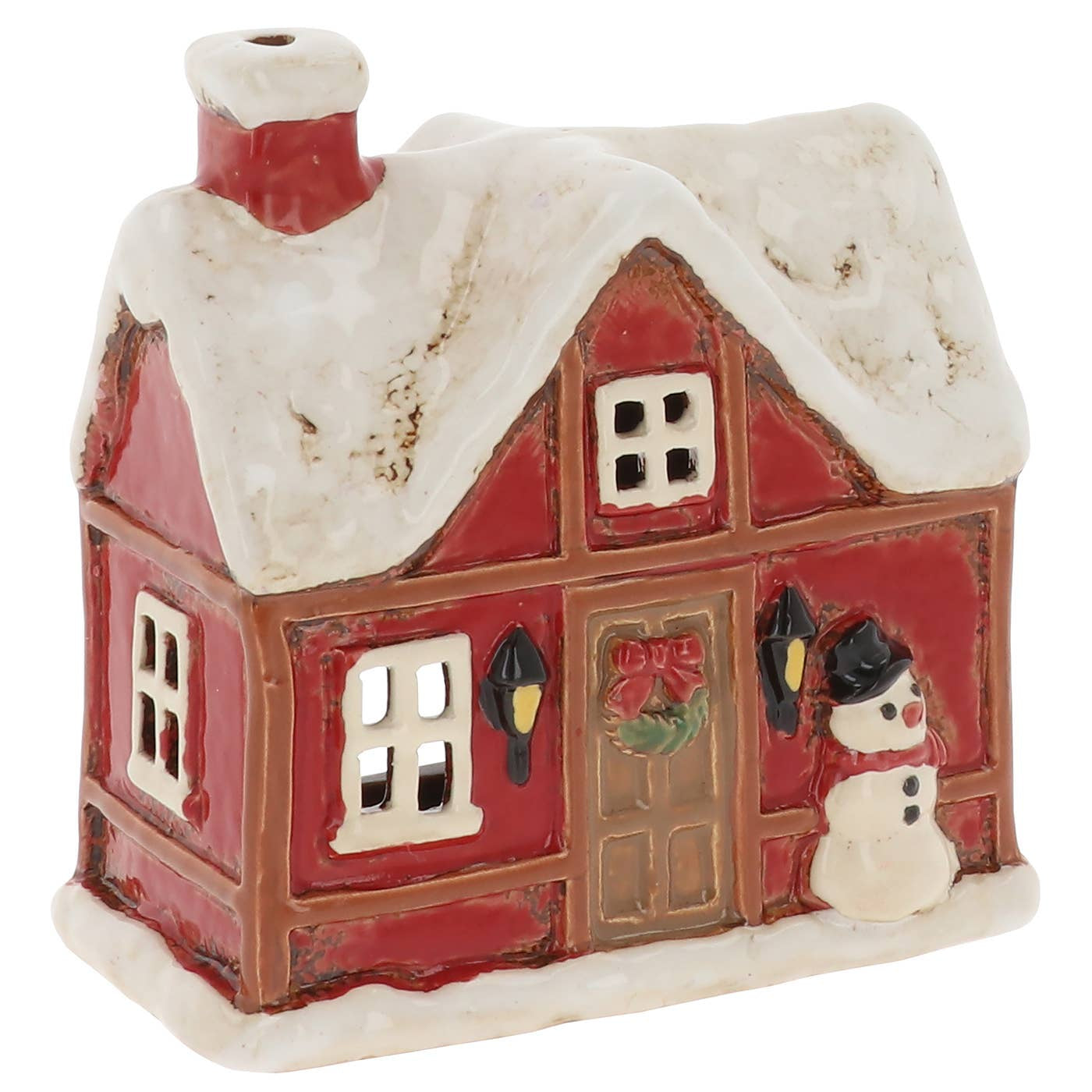 Decorative miniature house tealight holder with snow on the roof and a small snowman in front, on a white background.