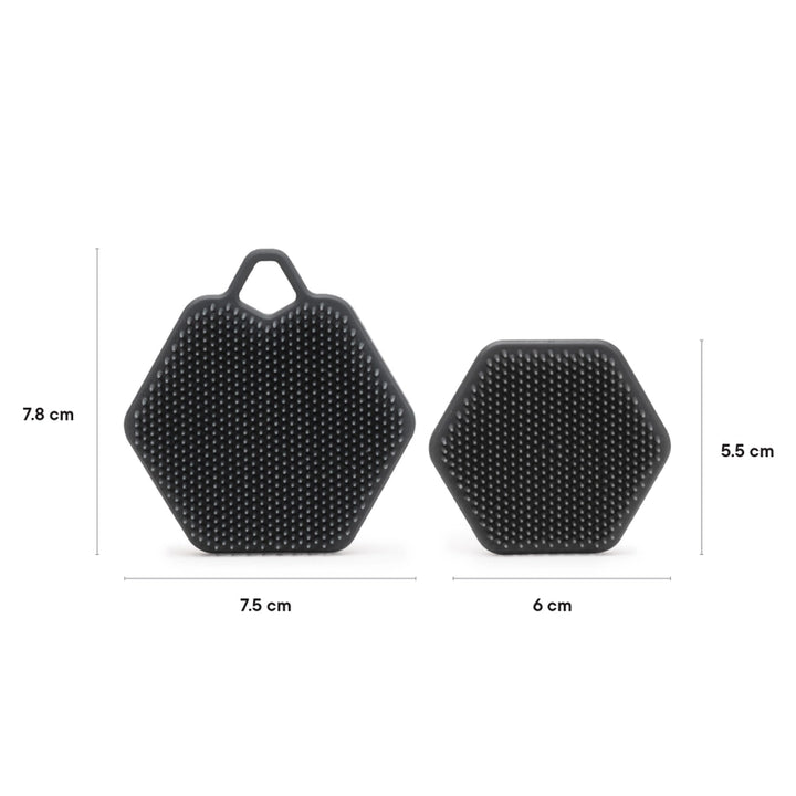Two black silicone scrubbers with dimensions, on a white background