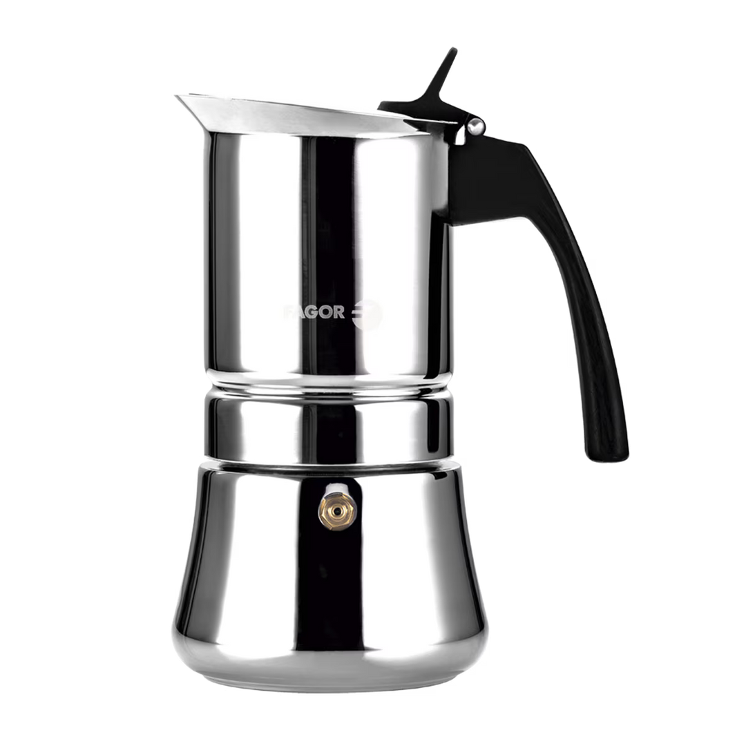 Stainless steel espresso maker with black handle on a white background