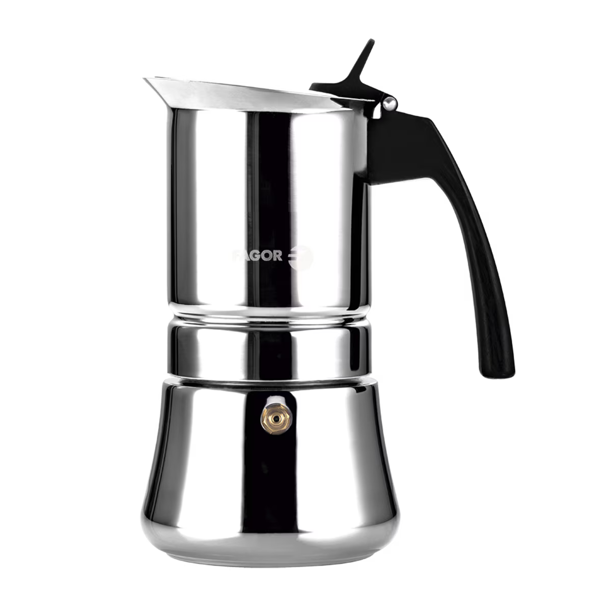 Stainless steel espresso maker with black handle on a white background