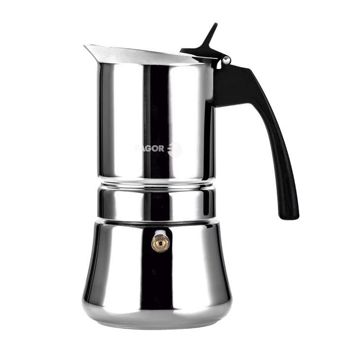 Stainless steel espresso maker with black handle on a white background