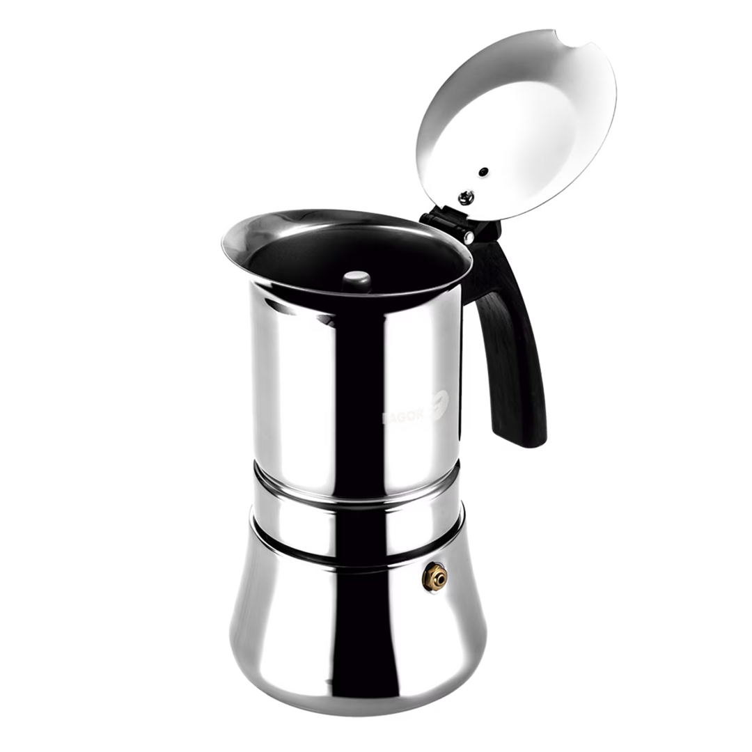 Silver espresso maker on a white background