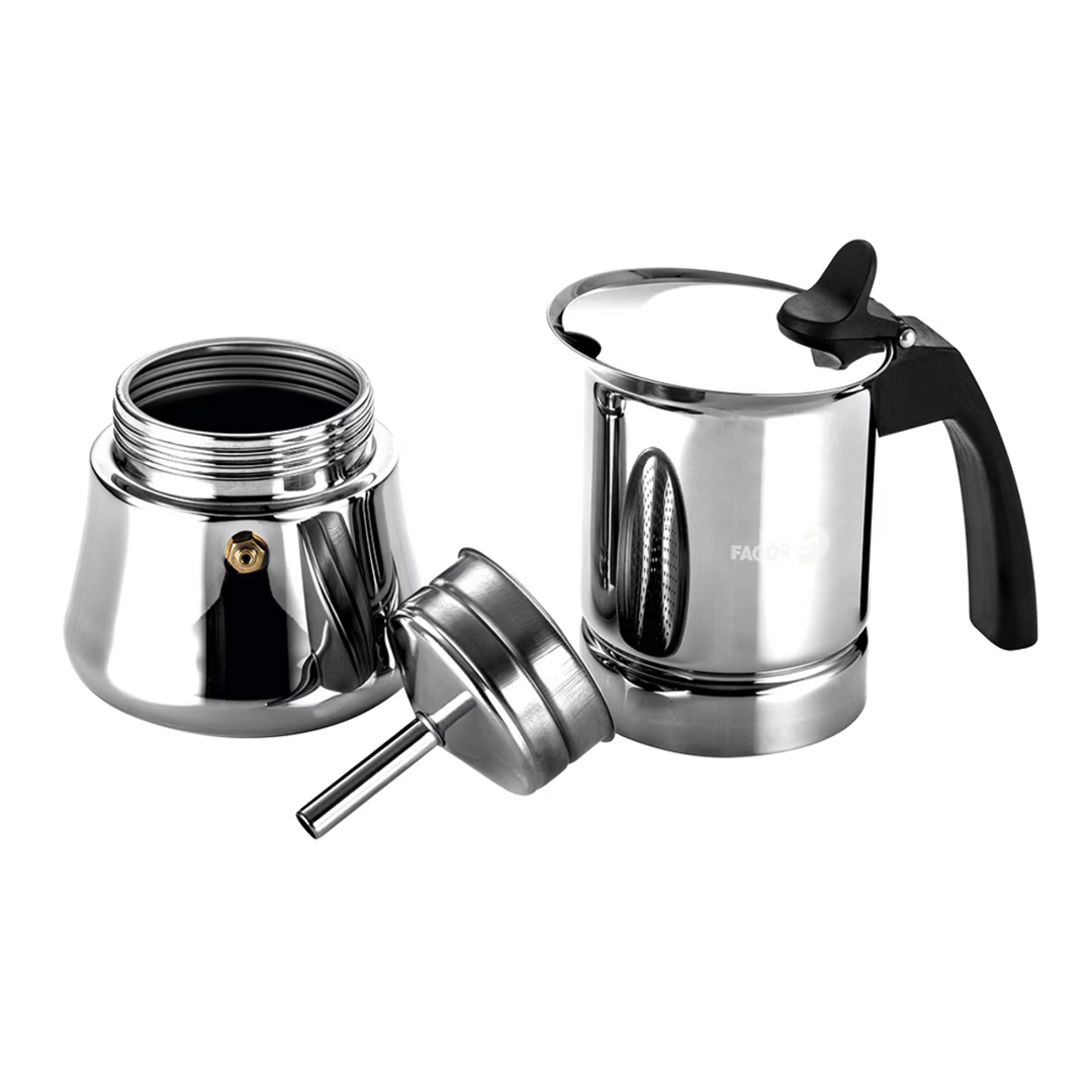 Stainless steel espresso maker parts on a white background
