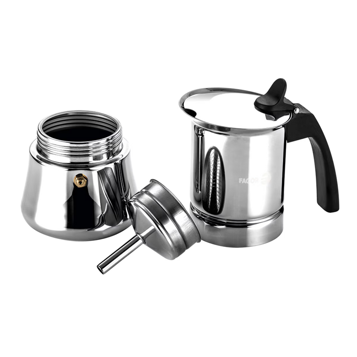 Stainless steel espresso maker parts on a white background