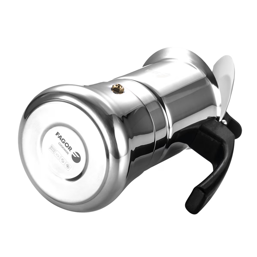stainless steel coffee maker with black handle on a white background