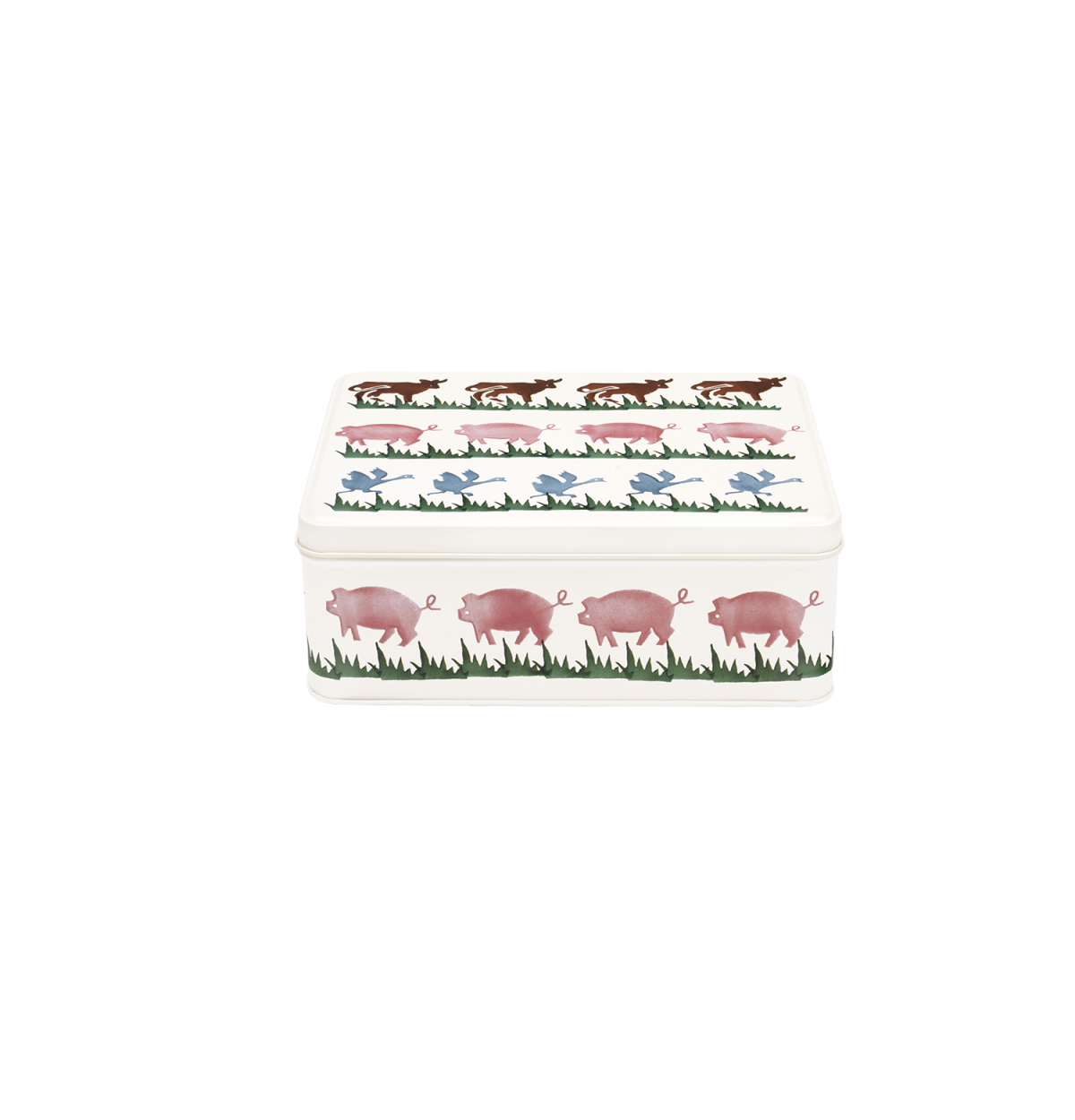 A rectangular metal storage tin with a lid, decorated with a repeating pattern of pink pigs in a grassy field and small blue birds, shown on a plain white background.
