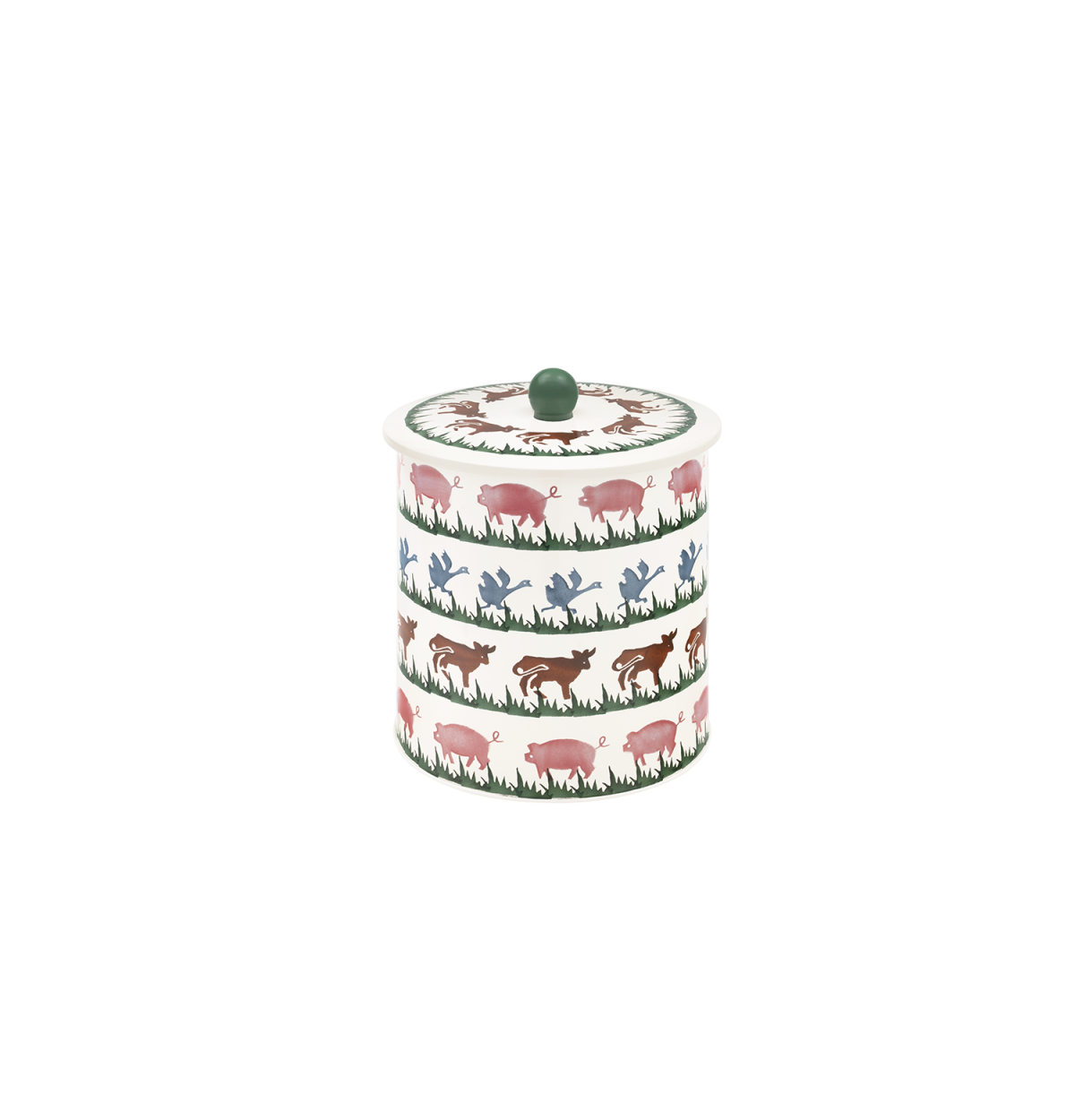 A cylindrical lidded metalcontainer with a white background and a repeating pattern of pink pigs, green grass, and blue birds & brown cows topped with a small green knob.