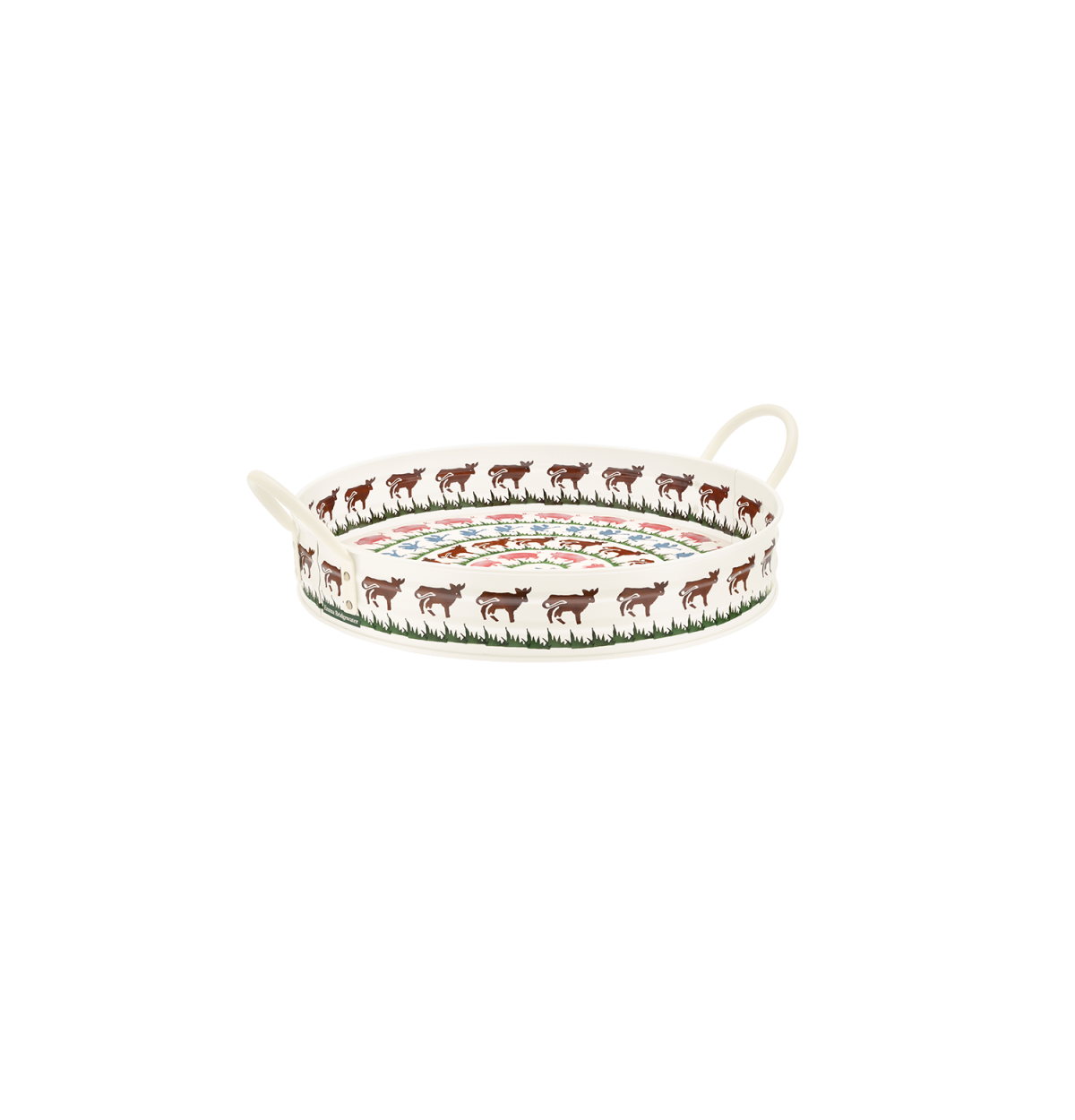 A round metal serving tray with two loop handles, decorated with a border of brown cow and green grass, pin pigs blue birds & and a colorful floral pattern in the center, shown on a plain white background.