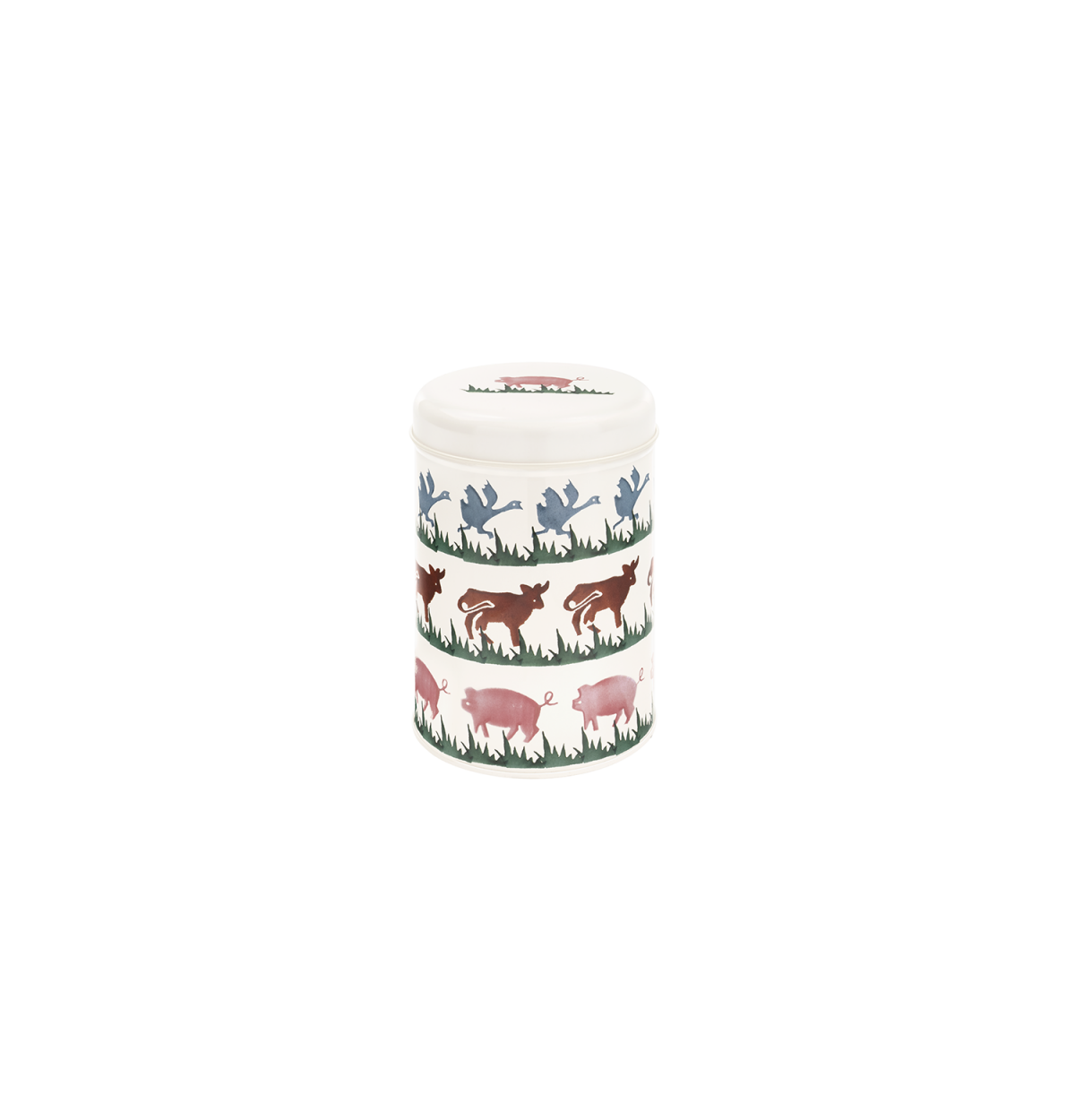 A metal cylinder tin with a pattern of pink pigs, blue birds & brown cows on it