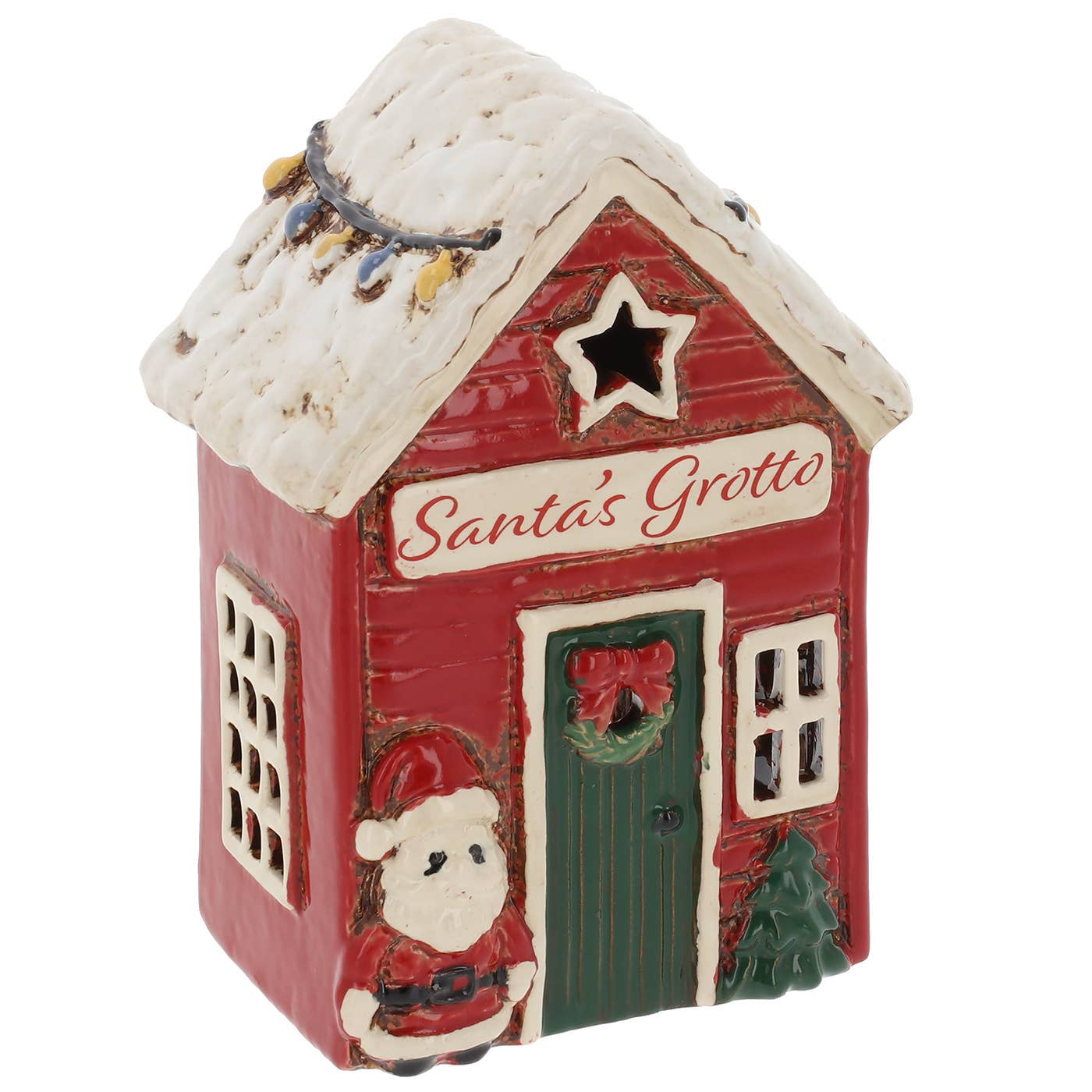 Small decorative tealight house with 'Santa's Grotto' text on a white background