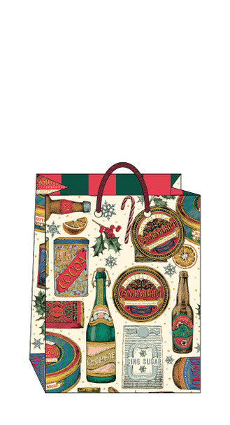 A Christmas-themed gift bag with a cream background and a collage of festive illustrations, including holiday bottles, candy canes, holly, snowflakes, and vintage-style labels. The bag has dark red handles and a green and red striped top band.